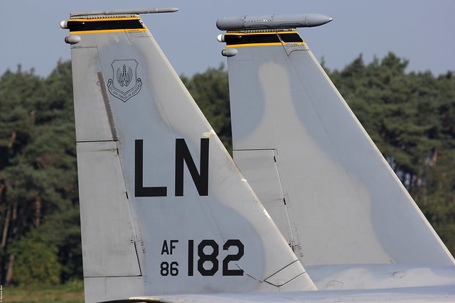 USAFE McDonnell Douglas F-15D Eagle 86-0182 / LN '182’, 493rd  close-up of the tail that looks a bit battered, Kleine-Brogel, Belgian Air Force Days 2014
