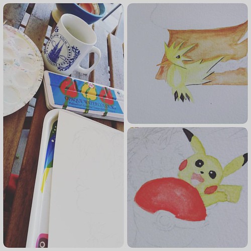 Started Miss Instinct today. See my tools. Coffee is one of the most impotant ones #wip #painting  #paint #watercolorpainting #watercolor #pokemongo #teaminstinct #zapdos #pikachu #pokemon #art #art_collective #supportart #artist #creative #creativeproces