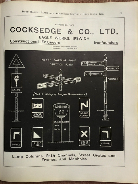 Cocksedge & Co., Ipswich - iron founders - motor warning signs and direction posts : advert in The Municipal & Road Engineers' Standard Catalogue, 1929 - 1932 ; The Standard Catalogue Company ; London ; 1929