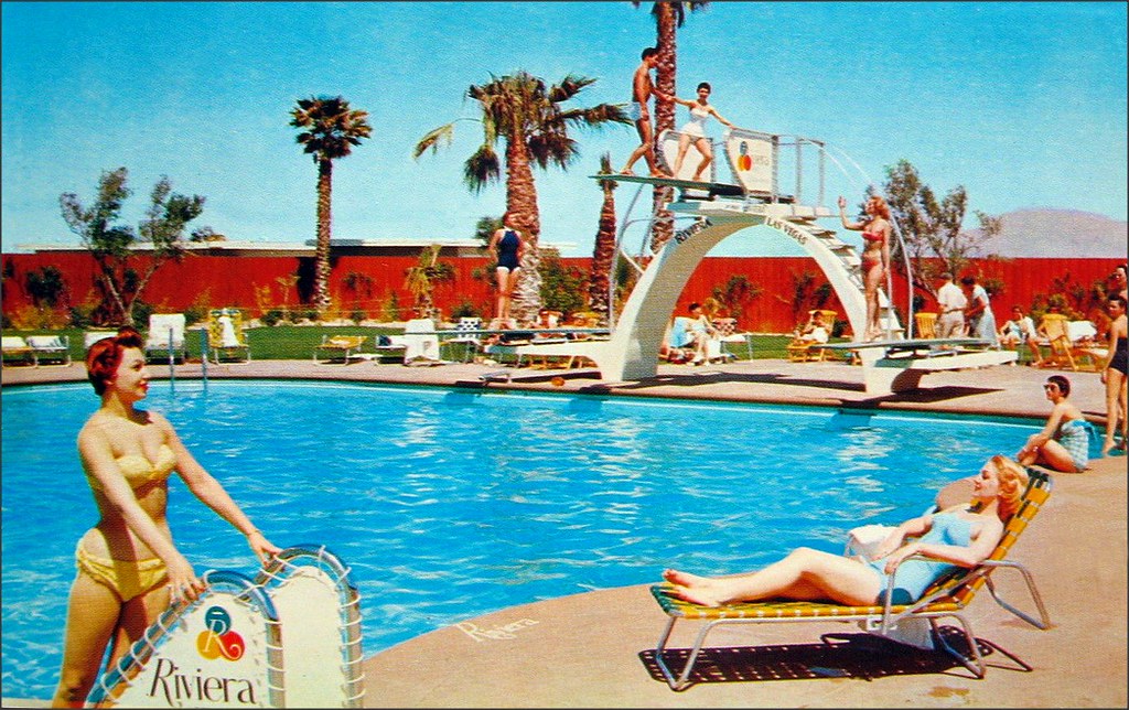 Postcard 1955 Riviera Hotel Las Vegas Nevada Swimming Pool And Guests Chrome