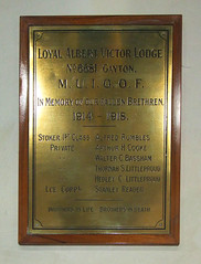 Loyal Albert Victor Lodge No 6681 Gayton (Manchester Unity of Independent Orders of Odd Fellows) war memorial: 'Brothers in Life, Brothers in Death'