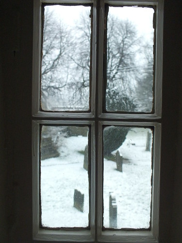 winter snow window graveyard view yorkshire churchyard oldgrammarschool kirbyhill