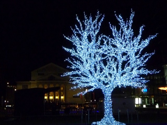 Glittering ice tree in the city