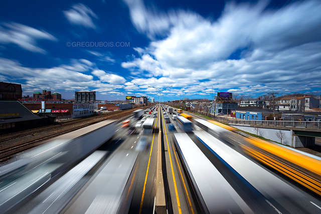 Mass Pike Boston Traffic at Warp Speed in Allston-Brighton, Boston Massachusetts USA