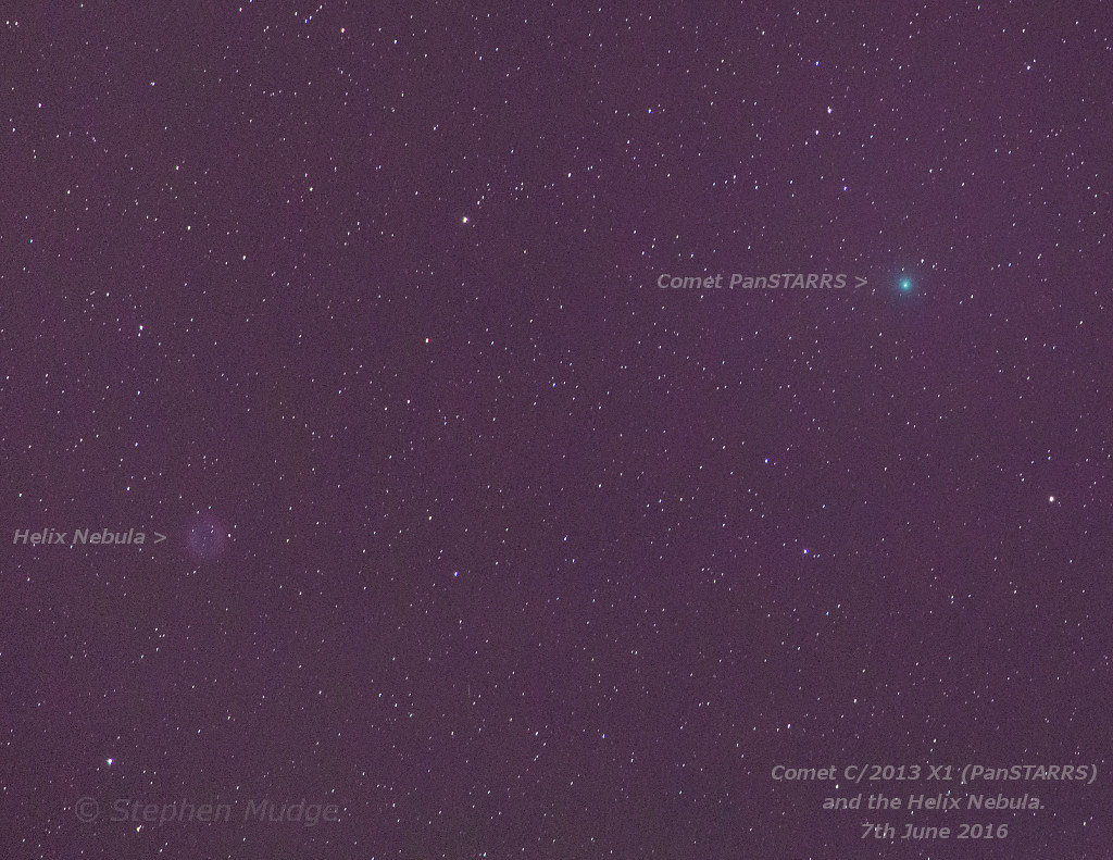 Comet PanSTARRS (2013 X1) and Helix Nebula 7Jun16 labelled