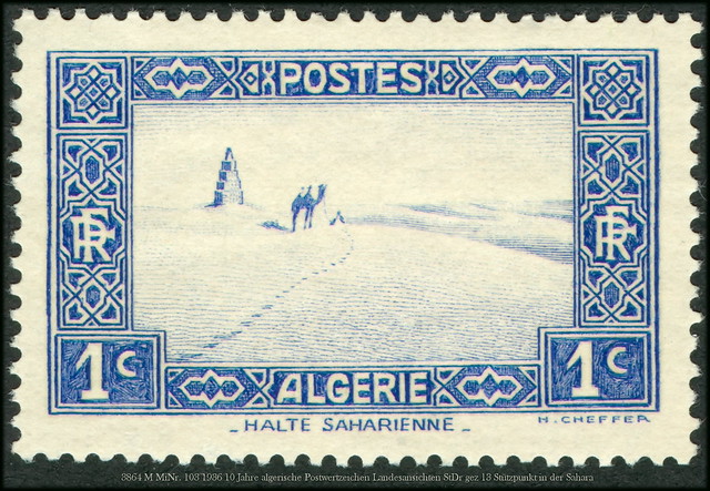 3864 M MiNr. 103 1936 10 Jahre algerische Postwertzeichen Landesansichten StDr gez 13 Stützpunkt in der Sahara