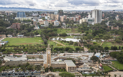 View to the southwest from Central Nairobi by Ninara, Nairobi, Kenya. Parliament Buildings and Uhuru Park
View from the Kenyatta International Convention 