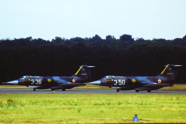 Italian-Air-Force 3 Stormo RF-104G Starfighter aircraft moments before heading back home to Verona-Villafranca, Italy from Soesterberg Air-Base, Netherlands. Thursday 8 August 1985. RF-104G's MM6504/3-36 & MM6646/3-50 from 132Grupo/ 3 Stormo Italian-AF