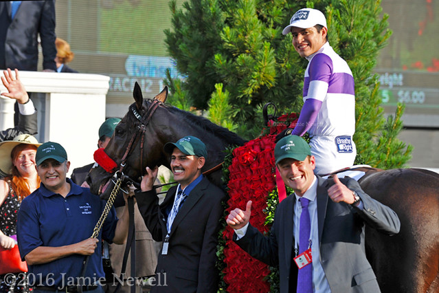 Nyquist in the winner's circle following the Kentucky Derby