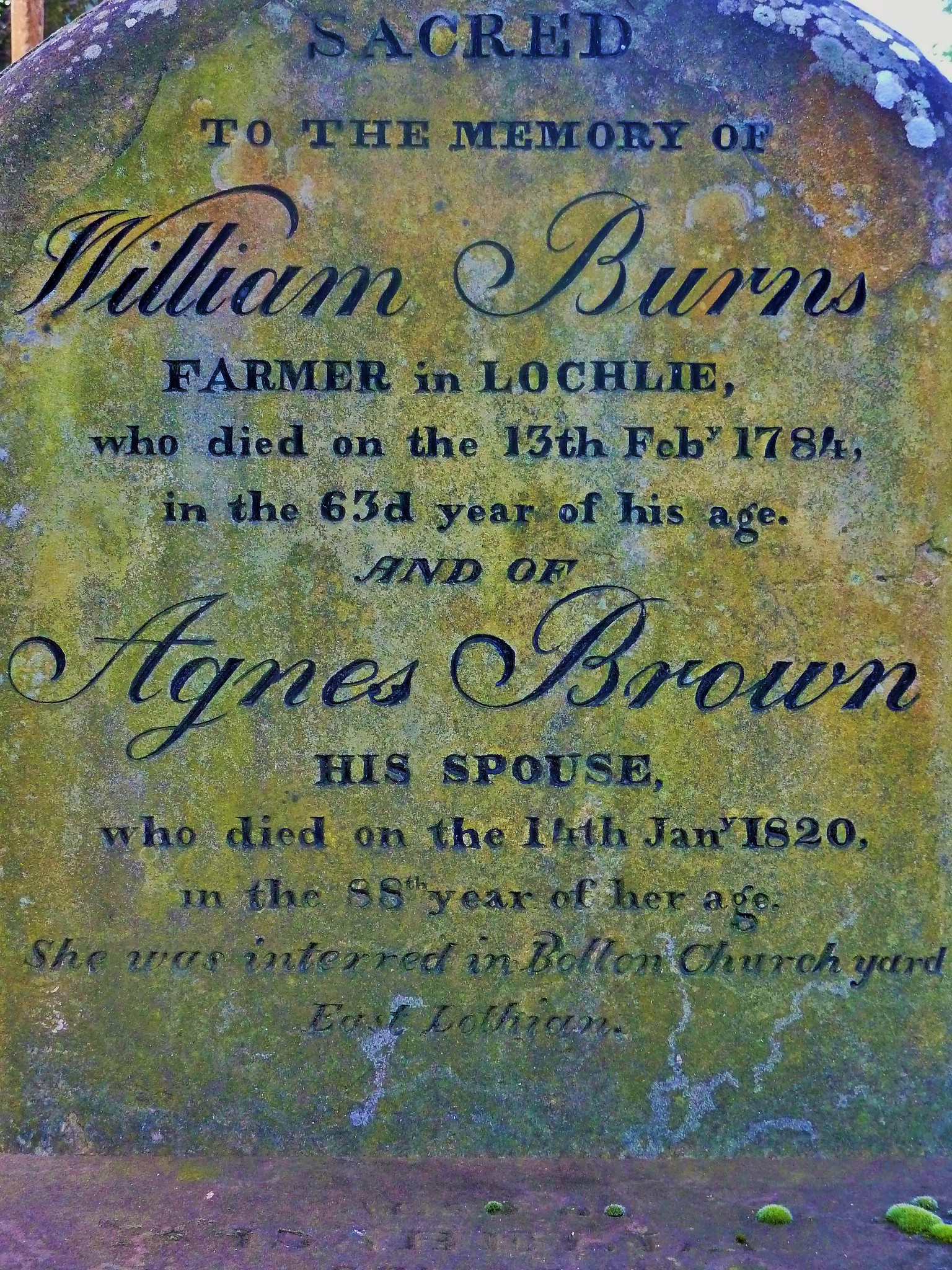 Image of headstone recording deaths of Robert Burns' parents at Alloway Auld Kirk.