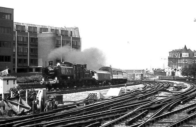 90-178  A Steam on the Met triple header;    Ex-GWR 0-6-0PT No. 9466, ex-Metropolitan 0-4-4T No. 1 and LT battery loco No. L44 approach Harrow on the Hill
