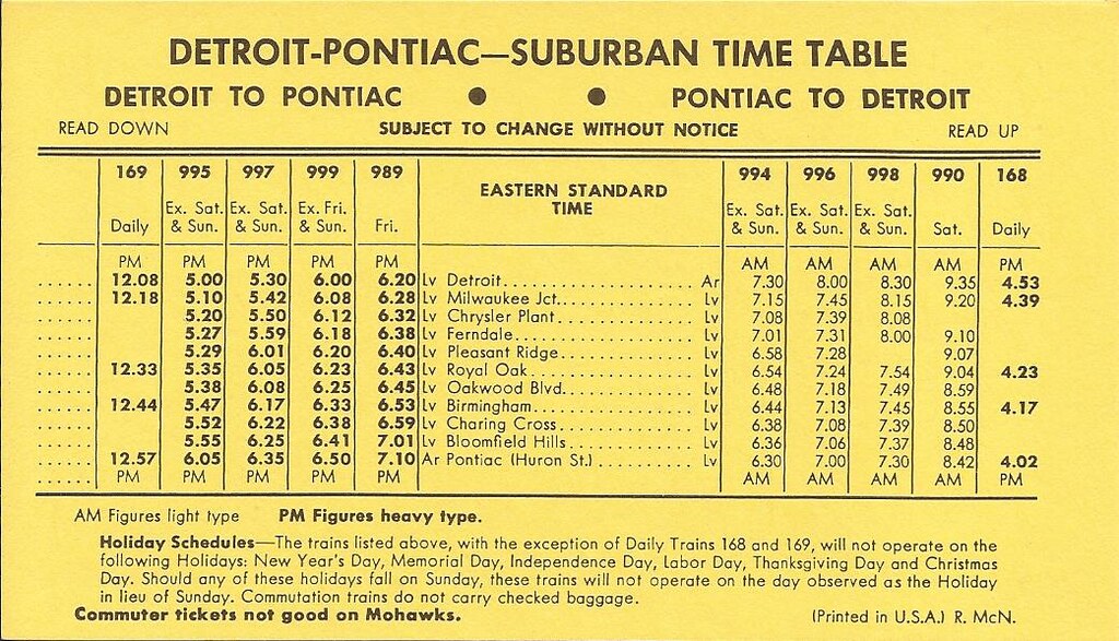 Grand Trunk Western Suburban (Detroit-Pontiac) Timetable - February 1, 1971