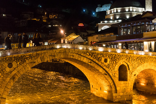old city bridge blue sky urban man building tower heritage history tourism stone architecture night river dark evening town twilight europe flickr view symbol islam traditional religion scenic culture landmark mosque medieval historic prizren kosovo tradition easterneurope cultural 2016