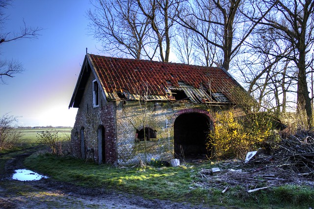 Decayed farm in the morning sun