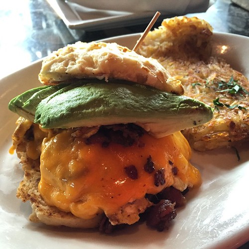#kvpinmybelly Breakfast egg and bacon biscuit with avocado at Lazy Dog in #SanDiego. NOM