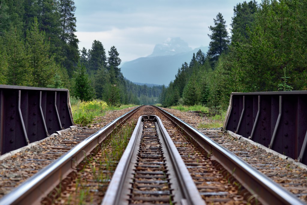Looking Down Railroad Tracks of the Canadian Pacific Railway (Banff National Park)