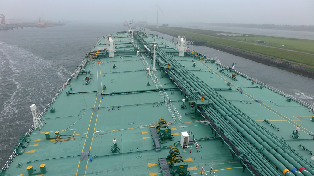 The deck of the very large crude carrier Alice of Euronav in the Calandkanaal, Rotterdam
