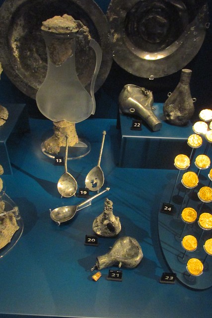 Pewterware and Gold Coins that May Have Belonged to Vice Admiral Sir George Carew, Mary Rose Museum, Porthsmouth, England, April 2015