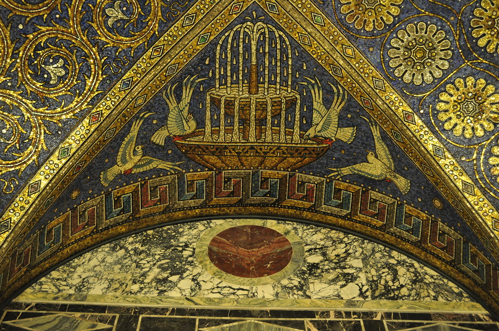 Mosaïques de la coupole, Chapelle palatine (VIIIe siècle), cathédrale, Aix-la-Chapelle, Rhénanie du Nord-Westphalie, Allemagne.