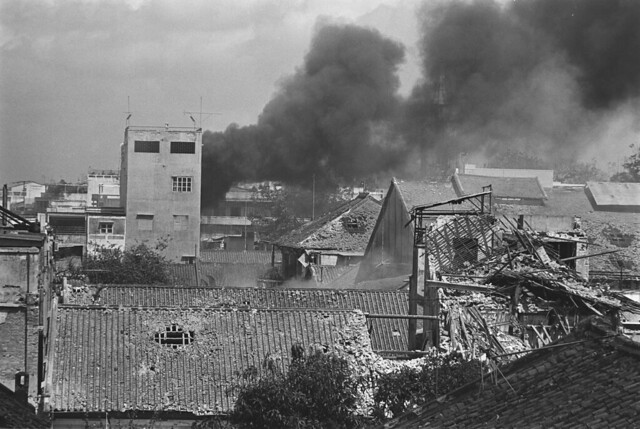 Views of housing block held by guerrillas in Cholon. June 1968