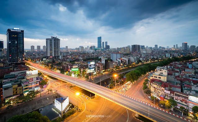 Aerial view of Hanoi skyline cityscape at Nguyen Chi Thanh street at sunset time