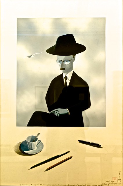 Fernando Pessoa himself with my cup of coffee, one paint brush and one pencil belonging to me and his pen - António Costa Pinheiro (1932 - 2015)