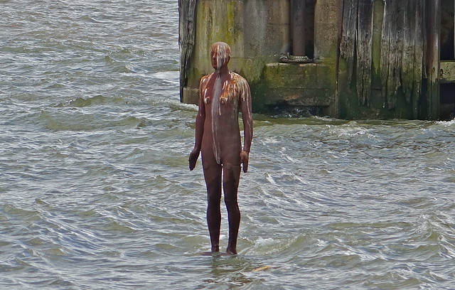 Statue in the Thames, Limehouse, London, May 2015