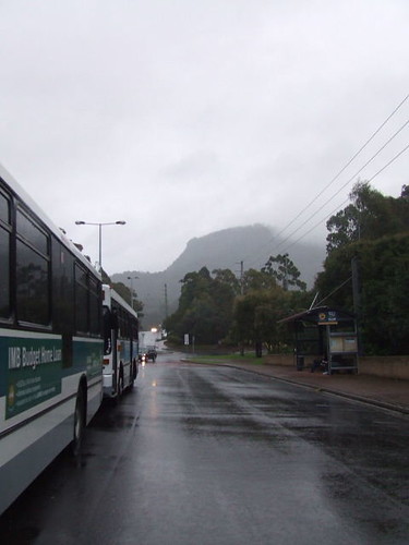 A view of the bus stop and the mountain