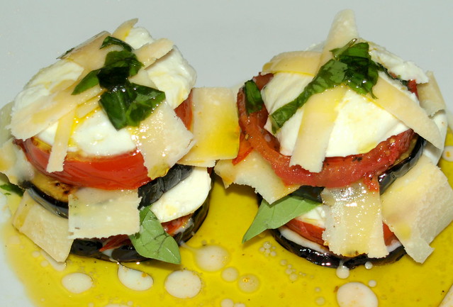 Aubergine, Tomato, Mozzarella, Parmigiano-Reggiano with Basil Oil