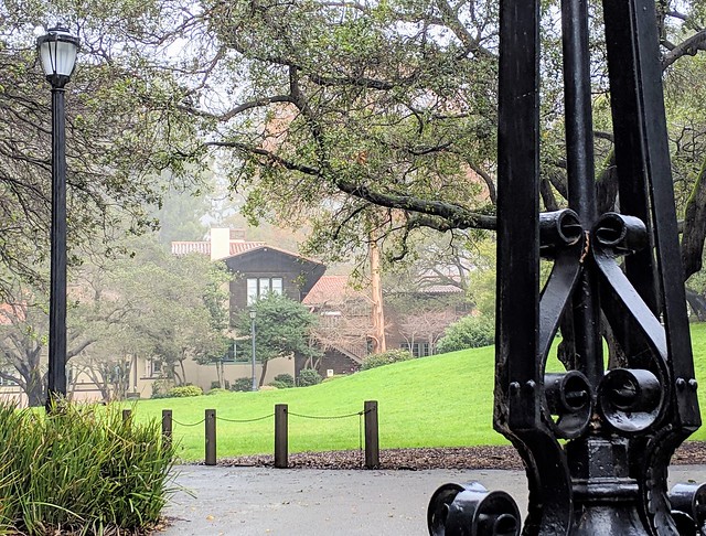 UC campus building and wrought iron in the rain