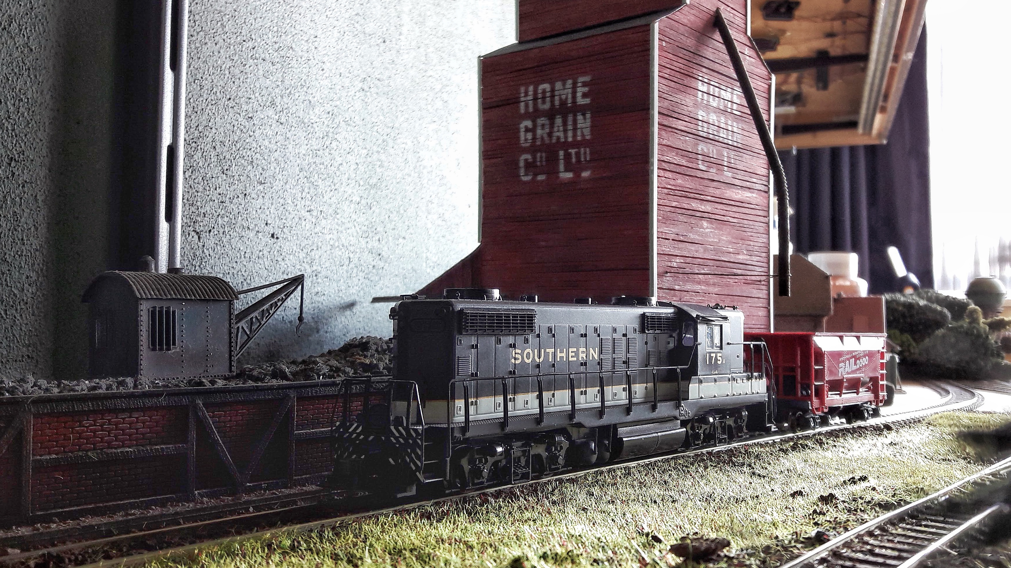 The grain elevator in the far corner of the layout.
