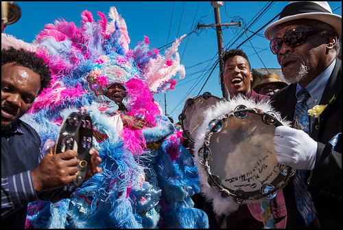 Spy Boy Horace of Creole Wild West, Christian Scott, Spy Boy Rick and others honor Edwin Harrison during his funeral second line on October 21, 2016 in Treme. Photo by Ryan Hodgson-Rigsbee - rhrphoto.com