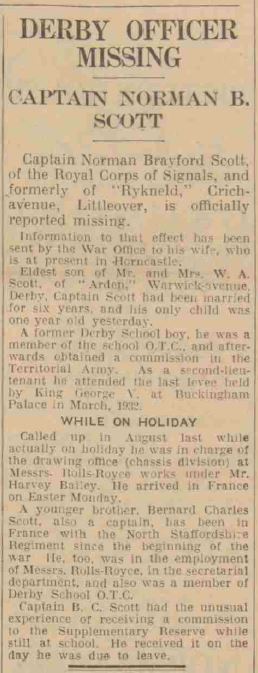 Norman Brayford Scott Derby Evening Telegraph Report 6 June 1940