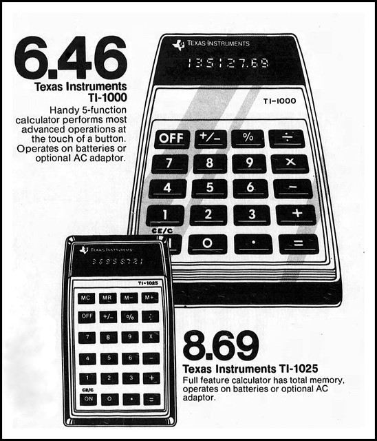 Vintage Advertising For The Texas Instruments TI-1000 And TI-1025 Pocket Calculators In A Richway Discount Store Ad In The Atlanta Constitution Newspaper, August 27, 1978