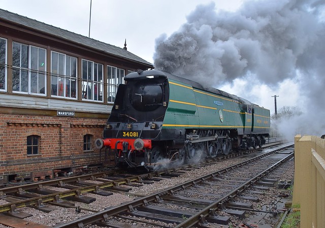 Southern Railway Bulleid Pacific Loco No.34081 '92 Squadron' on a positioning move at Wansford. Nene Valley Railway Southern Weekend. 10 03 2019