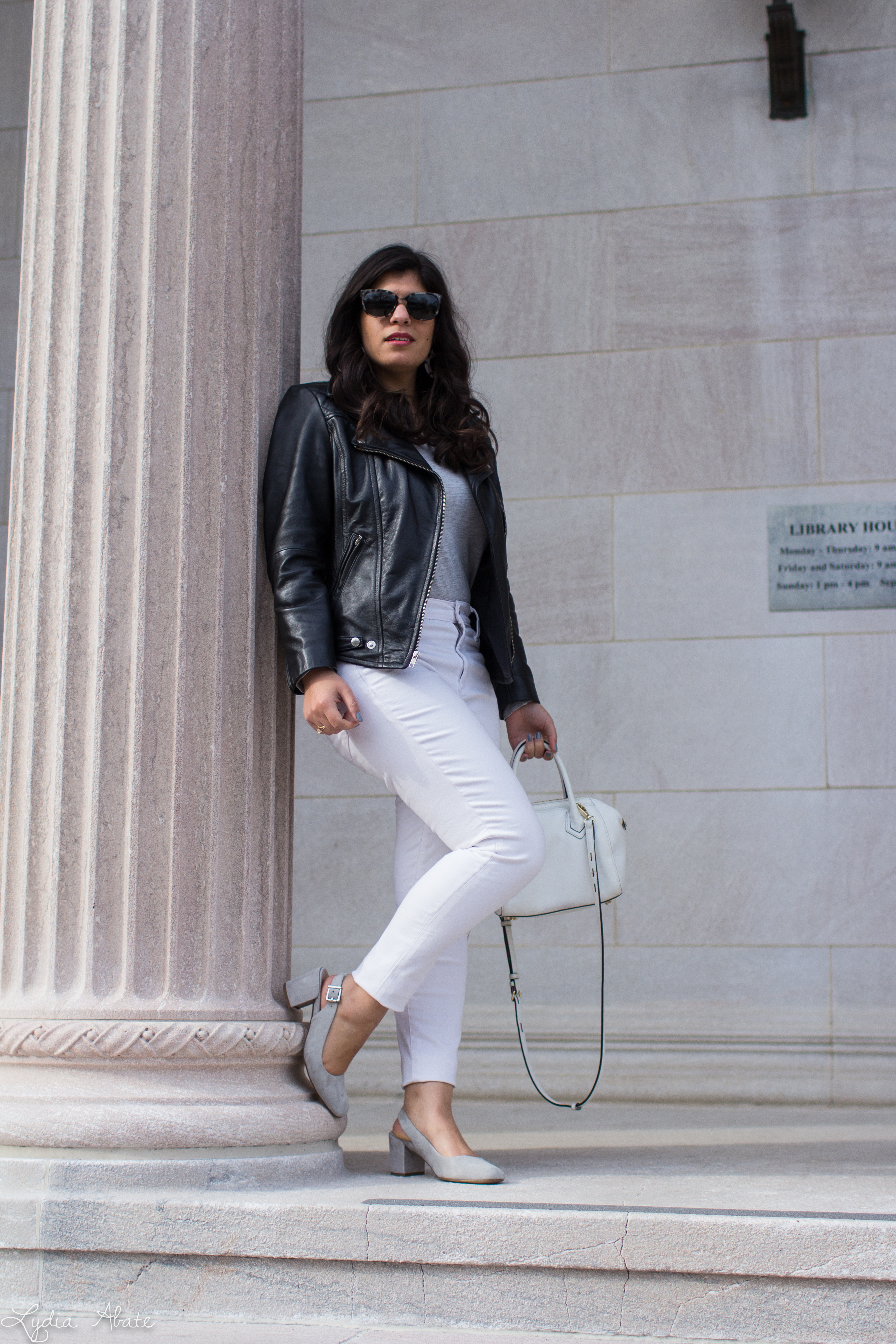 black leather jacket, white jeans, grey tee, suede slingback heels-2.jpg