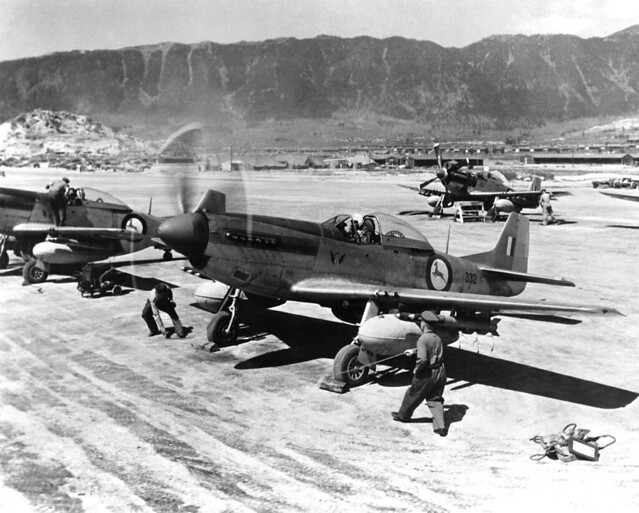 North American F-51D Mustang fighters of No. 2 Squadron of the South African Air Force in Korea,  1st May 1951.