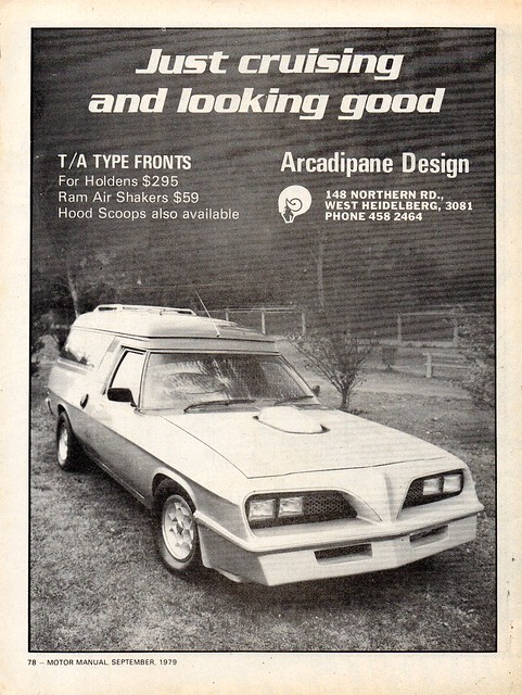 1979 Arcadipane Design Trans-Am Fronts For HQ-HZ Holden Panel Vans Aussie Original Magazine Advertisement