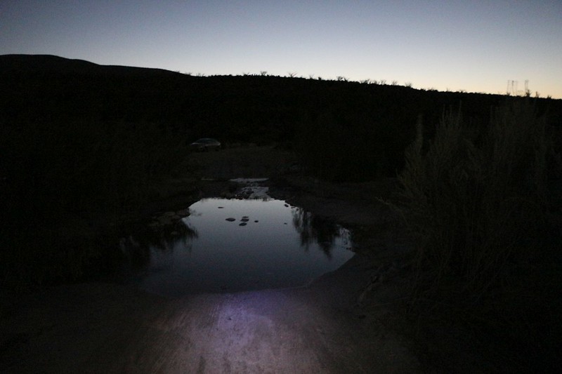 Coyote Creek reflections in the early dawn light, with our car barely visible beyond