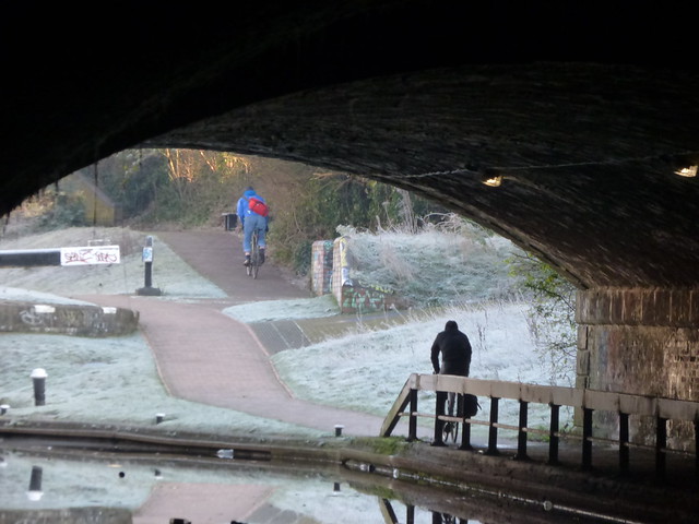 Cyclists beyond the Curzon Street Tunnel on the Digbeth Branch Canal