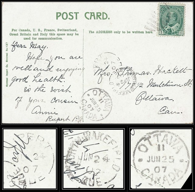Quebec Postal History - 24 / 25 June 1907 - RUPERT, Quebec via NORTH WAKEFIELD, Quebec (split ring / broken circle cancel / postmark) to Ottawa, Ontario, Canada