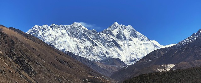 View of Everest, Lhotse, and Lhotse Shar from Tingboche.