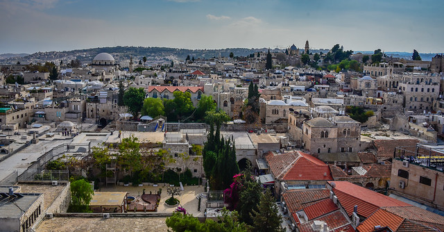 Old City viewed from Bell Tower of Church of the Redeemer in Old City of Jerusalem Israel