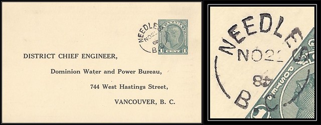British Columbia / B.C. Postal History - 22 November 1948 - NEEDLES, B.C. (split ring / broken circle cancel / postmark) to Vancouver, B.C.