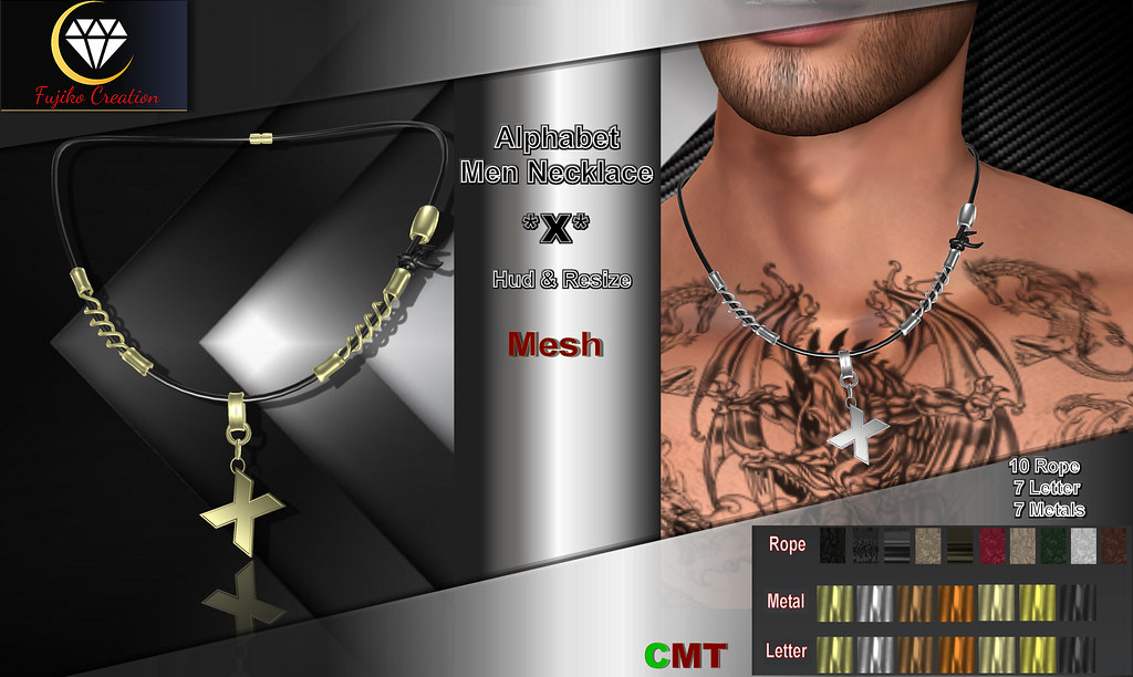FC - Alphabet men's necklace *X* with hud & Resizer - TeleportHub.com Live!