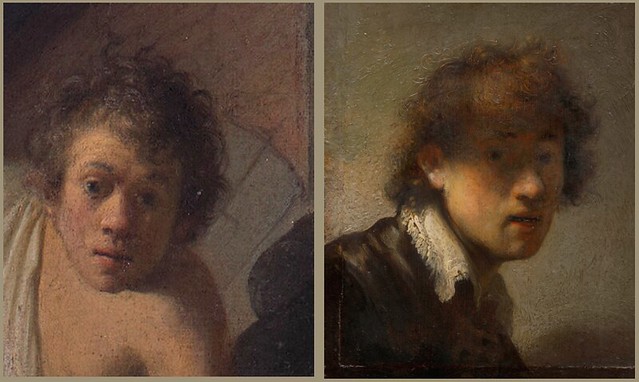 Detail from “Let the Children Come to Me” and an early self-portrait by Rembrandt