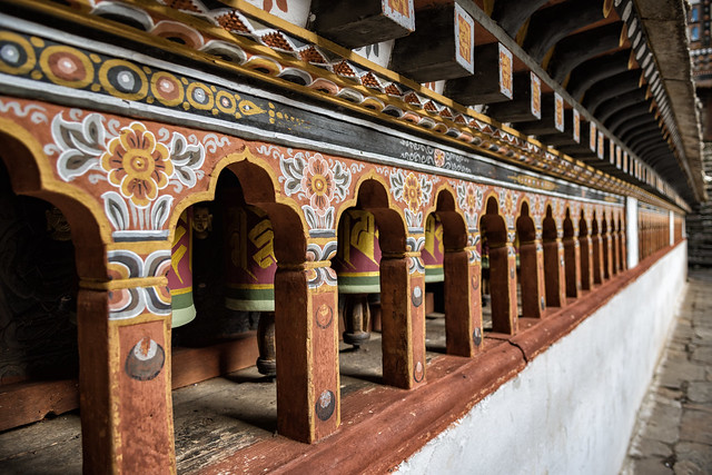 Prayer wheels in Paro dzong (Rinpung Dzong) - Bhutan