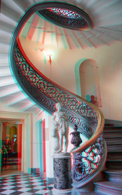 Anaglyptic 3D image of the entrance to the spiral staircase of the George Peabody Conservatory of Johns Hopkins University in Baltimore.