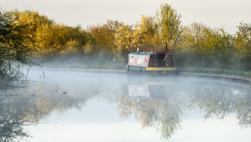 barge boat canal early lancaster mist morning narrow reflection sunrise water