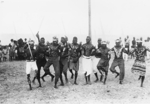 Ceremonial dance performed by Yupungathi men at Mapoon Mission, June, 1931